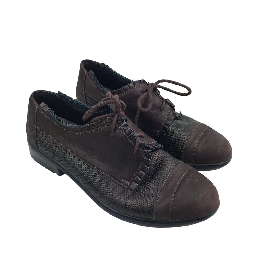 Naot Women's Brown Leather Ankle Bootie Lace-Up Ruffle Detail Size 38 (US 7)